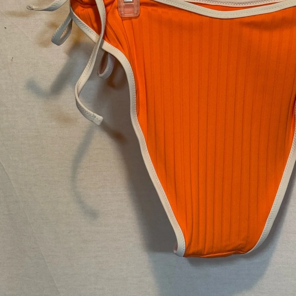 AA-272 Aerie NWT Cheekiest Side Tie Orange &‎ White Ribbed Swim Bikini Bottoms
